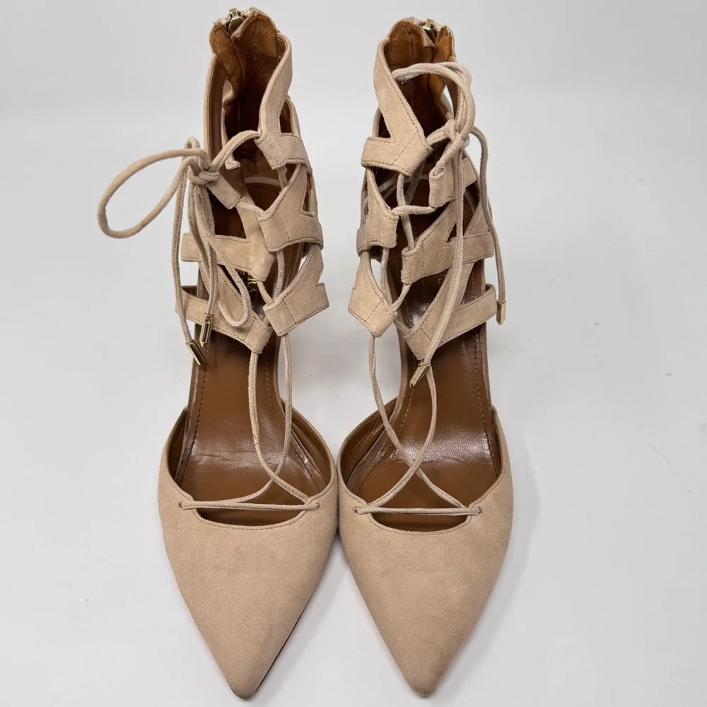Aquazzura Suede Belgravia Lace Up Pointed Toe Pumps Size 39